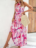 Pink Halter Long Summer Boho Vacation Dress