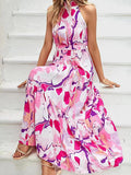 Pink Halter Long Summer Boho Vacation Dress