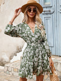 Green Floral Long Sleeves V Neck Short Summer Vacation Dress