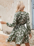 Green Floral Long Sleeves V Neck Short Summer Vacation Dress