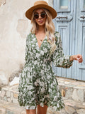 Green Floral Long Sleeves V Neck Short Summer Vacation Dress