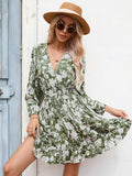 Green Floral Long Sleeves V Neck Short Summer Vacation Dress