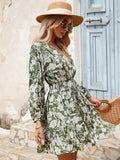 Green Floral Long Sleeves V Neck Short Summer Vacation Dress