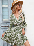 Green Floral Long Sleeves V Neck Short Summer Vacation Dress