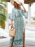 Green V Neck Sweet Flowy Long Summer Vacation Dress