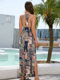 Blue V Neck Backless Flowy Long Summer Vacation Dress