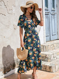 Dark blue V Neck Beach Long Summer Vacation Dress