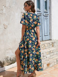 Dark blue V Neck Beach Long Summer Vacation Dress