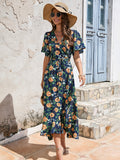 Dark blue V Neck Beach Long Summer Vacation Dress