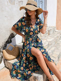 Dark blue V Neck Beach Long Summer Vacation Dress