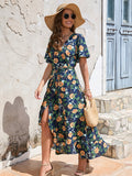 Dark blue V Neck Beach Long Summer Vacation Dress