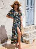 Dark blue V Neck Beach Long Summer Vacation Dress