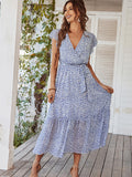 Flowy V Neck Yellow Long Summer Vacation Dress