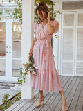 Flowy V Neck Yellow Long Summer Vacation Dress