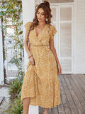 Flowy V Neck Yellow Long Summer Vacation Dress