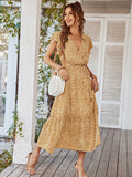 Flowy V Neck Yellow Long Summer Vacation Dress