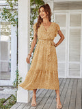 Flowy V Neck Yellow Long Summer Vacation Dress