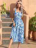Blue Floral Flowy Long Summer Vacation Dress