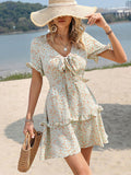 Green A Line Floral Sweet Short Vacation Dress