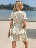 Green A Line Floral Sweet Short Vacation Dress