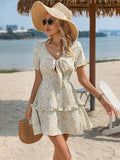Green A Line Floral Sweet Short Vacation Dress