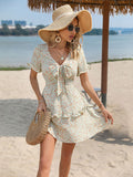 Green A Line Floral Sweet Short Vacation Dress