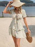 Green A Line Floral Sweet Short Vacation Dress