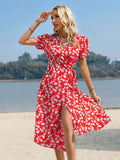 Yellow A Line Floral V Neck Long Summer Vacation Dress
