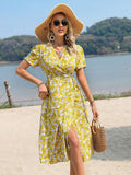 Yellow A Line Floral V Neck Long Summer Vacation Dress