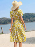 Yellow A Line Floral V Neck Long Summer Vacation Dress