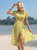 Yellow A Line Floral V Neck Long Summer Vacation Dress