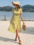 Yellow A Line Floral V Neck Long Summer Vacation Dress