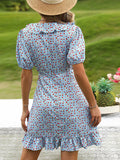 Blue A Line Floral V Neck Short Vacation Ruffles Dress
