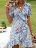 Blue A Line Floral V Neck Short Vacation Ruffles Dress