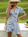 Blue A Line Floral V Neck Short Vacation Ruffles Dress