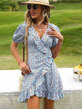 Blue A Line Floral V Neck Short Vacation Ruffles Dress