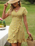 Yellow A Line Floral V Neck Short Chiffon Ruffles Dress