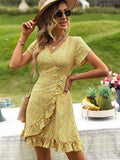 Yellow A Line Floral V Neck Short Chiffon Ruffles Dress