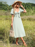 Light Green A Line V Neck Long Dress