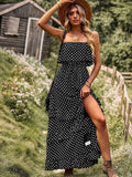 Dark Green A Line Dotted Off The Shoulder Long Dress