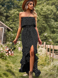 Dark Green A Line Dotted Off The Shoulder Long Dress