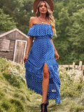 Dark Green A Line Dotted Off The Shoulder Long Dress