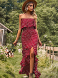 Dark Green A Line Dotted Off The Shoulder Long Dress