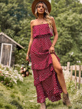 Dark Green A Line Dotted Off The Shoulder Long Dress