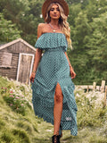 Dark Green A Line Dotted Off The Shoulder Long Dress