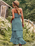 Dark Green A Line Dotted Off The Shoulder Long Dress