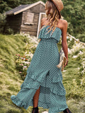Dark Green A Line Dotted Off The Shoulder Long Dress