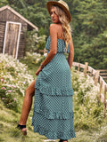 Dark Green A Line Dotted Off The Shoulder Long Dress