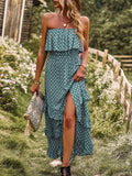 Dark Green A Line Dotted Off The Shoulder Long Dress