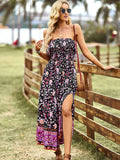 Pink Floral A Line Off The Shoulder Long Boho Dress